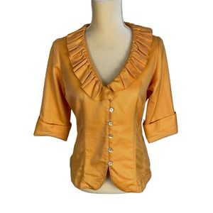 Farinaz Taghavi Orange‎ 3/4 Sleeve Shirt Top Blouse V Neck Ruffle Size 4